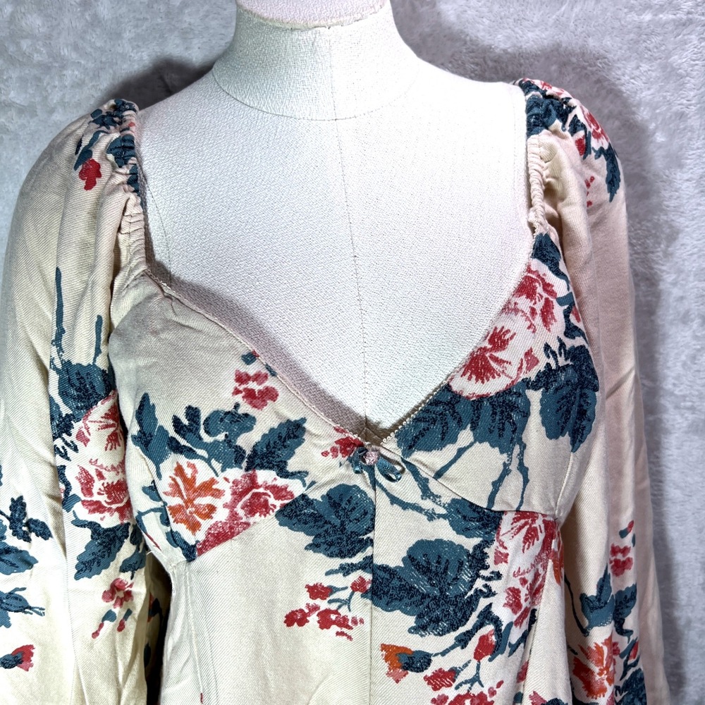 Free People Floral Print Puff Sleeve Mini Dress Beige Blue Pink Size XL - Picture 5 of 12